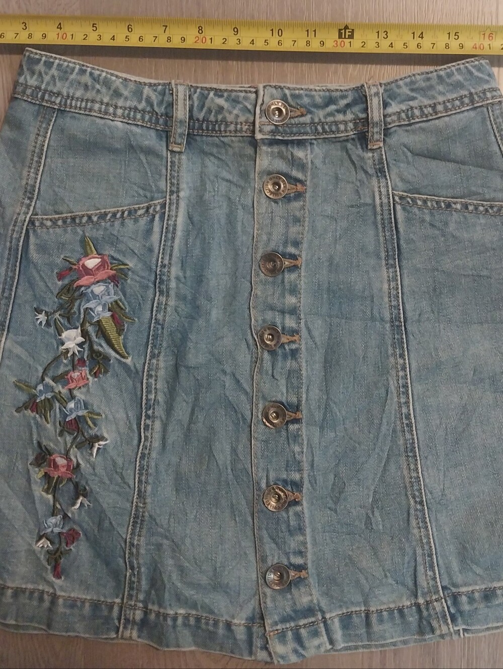 Denim Skirt Button-Front with Floral Embroidery - Light Blue